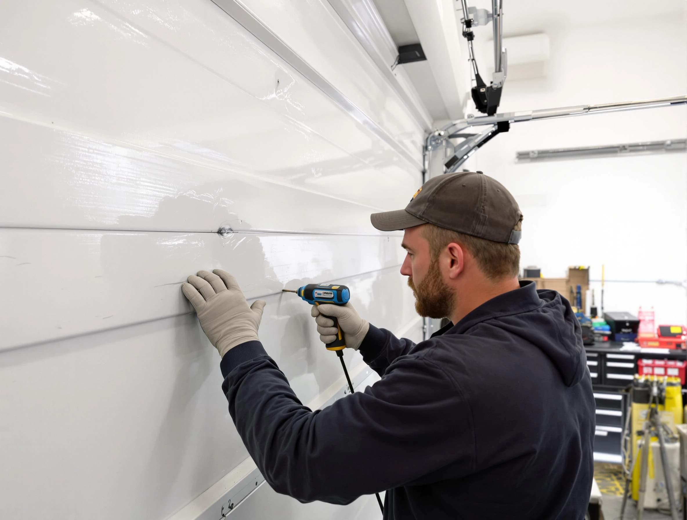 Coolidge Garage Door Repair technician demonstrating precision dent removal techniques on a Coolidge garage door